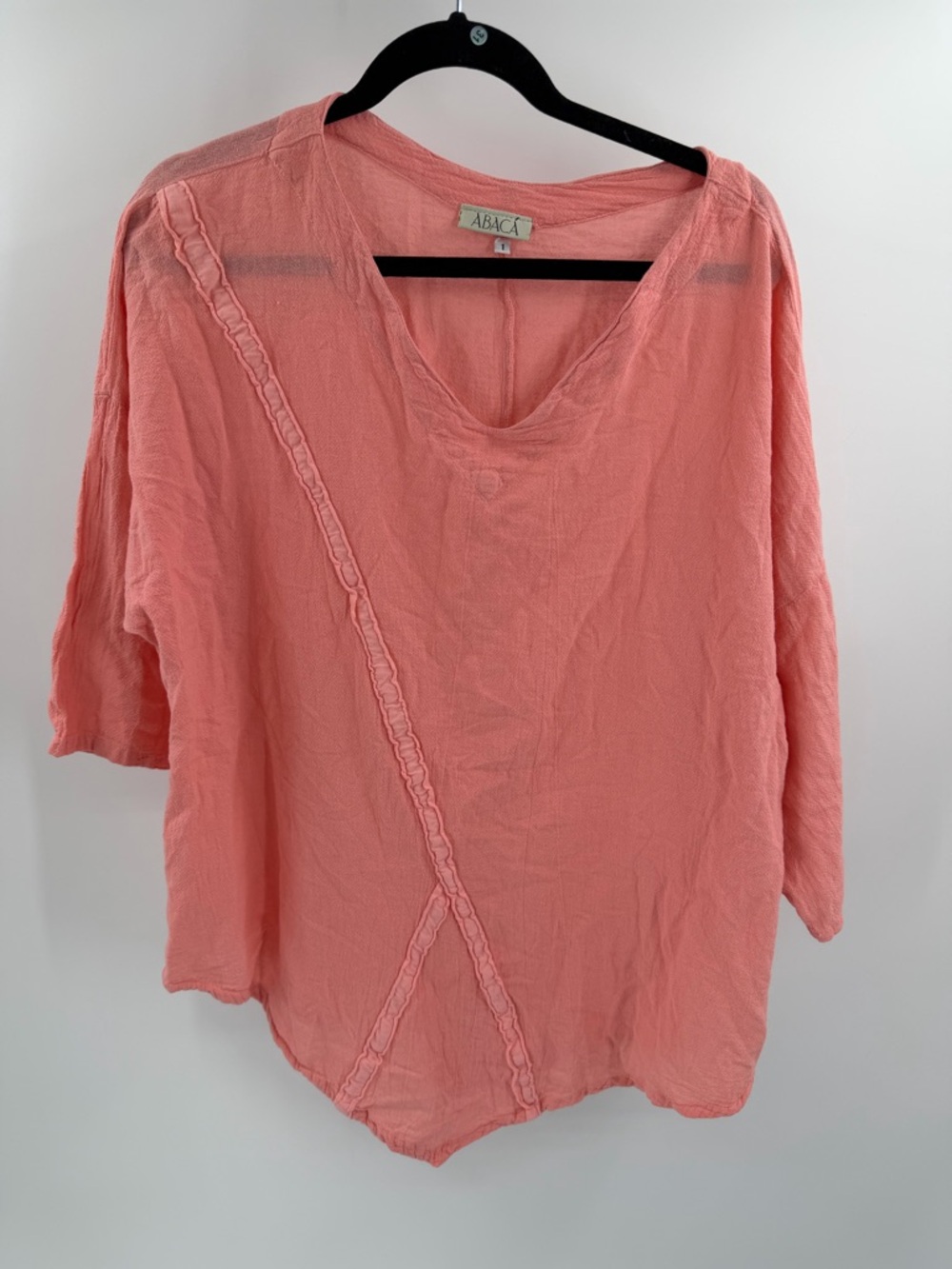Abaca 100% Cotton Gauzey Elbow Sleeve Coral Pink Blouse Boho Lagenlook Medium